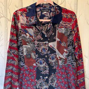 Citron Santa Monica Silk Tie Print  Button Down Shirt -Medium